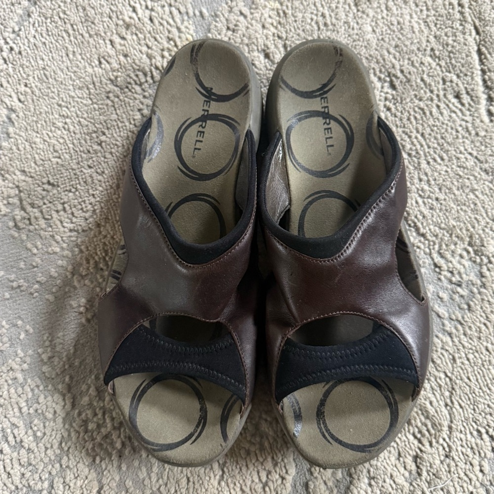 Merrell Palmetto sandals Dark Brown Black leather slip on slides comfort 9